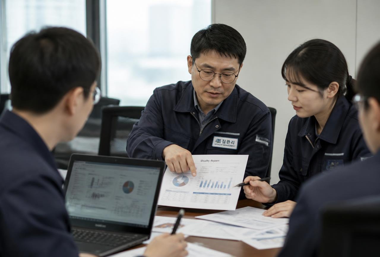 품질 리포트를 함께 검토하는 담당자들